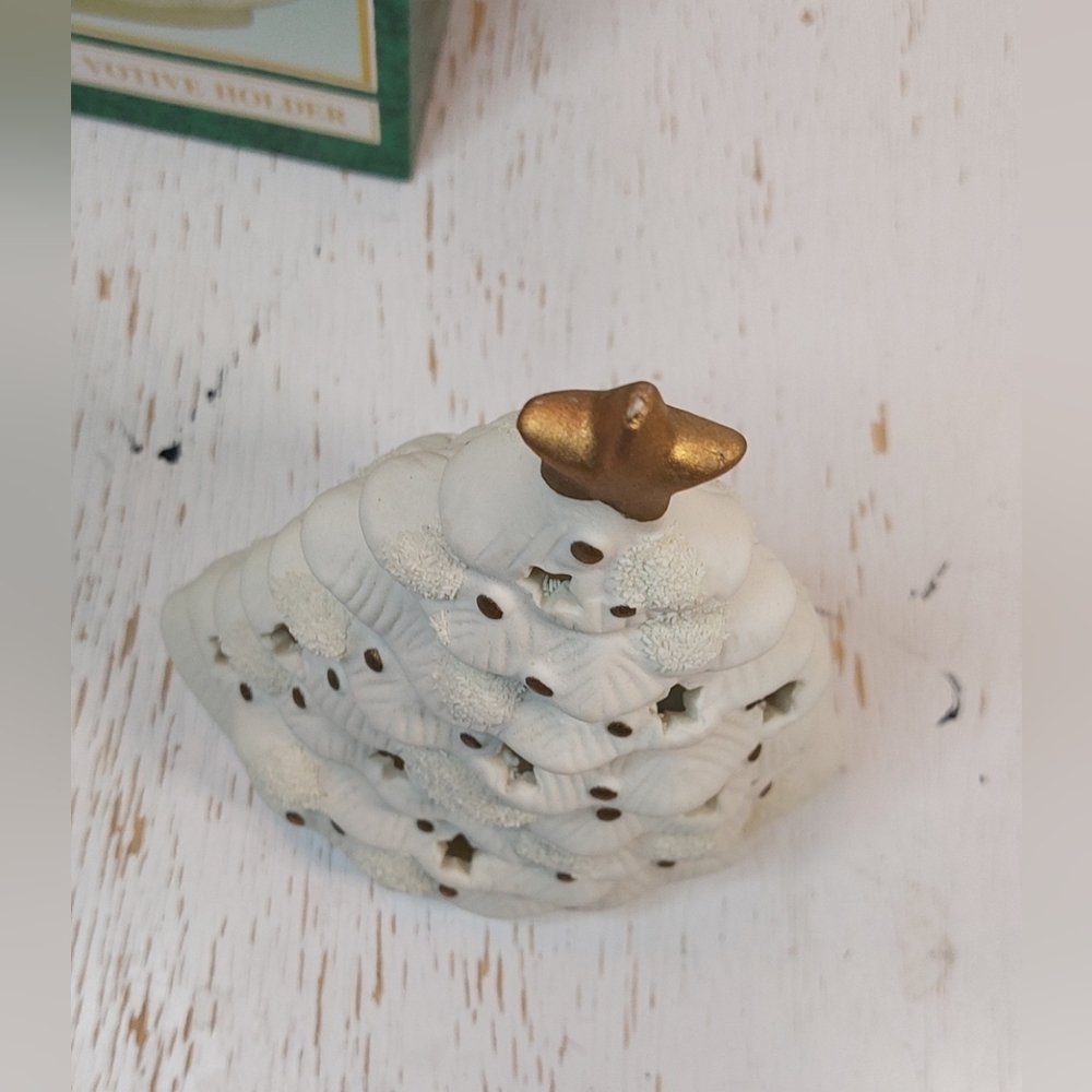 Vintage Matte Ceramic Christmas Tree Votive Holder White w Gold Star Decoration - Picture 9 of 11
